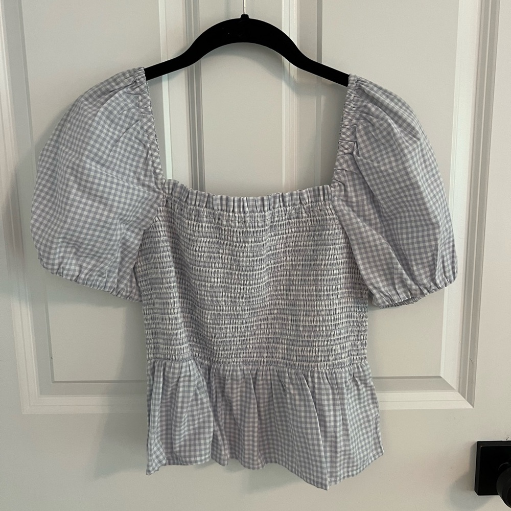 J. Crew Squareneck Smocked Top blue gingham - Picture 2 of 4